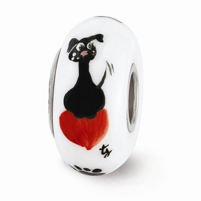 Black Bow Jewelry Fenton White Muttley Dog Glass & Sterling Silver Bead Charm