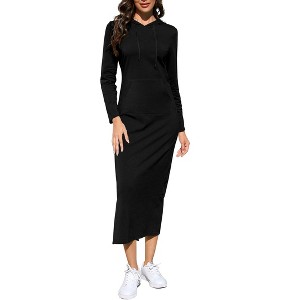 Women's Long Sleeve Hooded Midi Dress - Casual Pullover with Kangaroo Pocket & Side Slit - 1 of 4