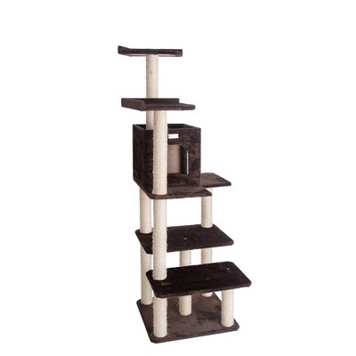 66-Inch Coffee Brown Faux Fur Multi-Level Cat Tree with Sisal Posts