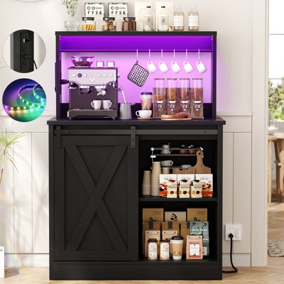 Aheaplus Coffee Bar Cabinet with Charging Station and LED Light, Kitchen Buffet Sidboard with Sliding Barn Door and Top Storage Shelves