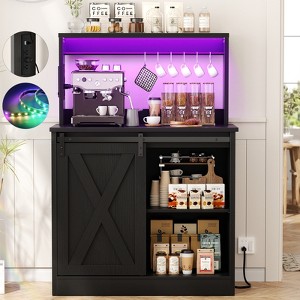 Aheaplus Coffee Bar Cabinet with Charging Station and LED Light, Kitchen Buffet Sidboard with Sliding Barn Door and Top Storage Shelves - 1 of 4