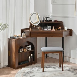 Gulches Corner Makeup Vanity Desk & LED Lights, Vanity Set With Mirror, Stool, Dressing Table With Storage For Small Place,Folding Mirror, Walnut - 1 of 4