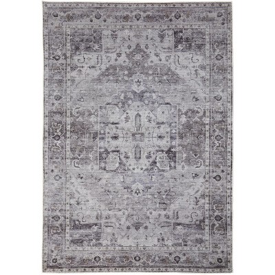 Gray and Ivory Oriental Power Loom Worn Faded Washable Area Rug