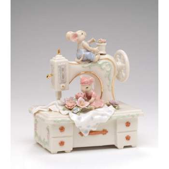 Kevins Gift Shoppe Hand Crafted Ceramic Mice With A Sewing Machine Music Box