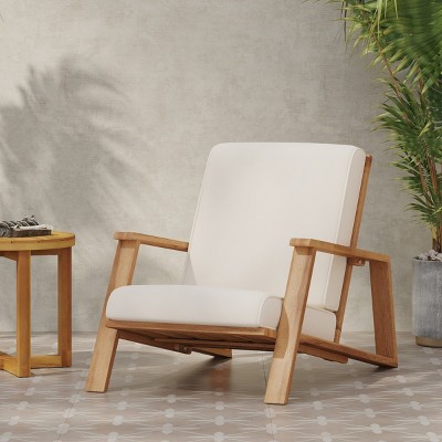 Modern 1 Piece Acacia Wood Club Chair With Beige Fabric Cushions,Sloped Seating Lounge Chair,Outdoor Patio Wooden Armrests Chair-Coolbibila