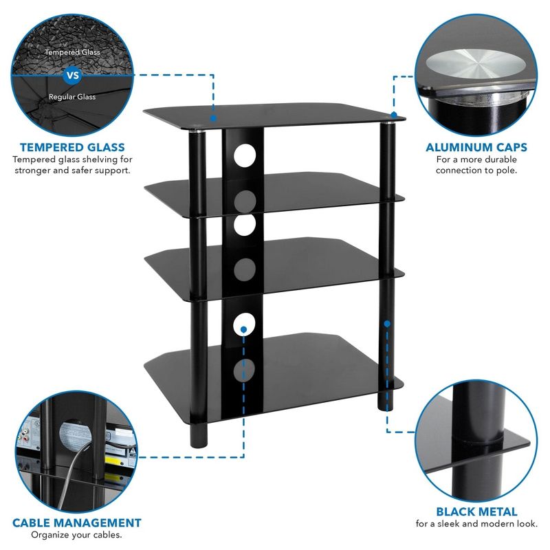 Mount-It! AV Component Media Stand, Audio Tower and Media Center with 4 Tempered Glass Shelves, 88 Lbs. Capacity, Black Silk, 2 of 9