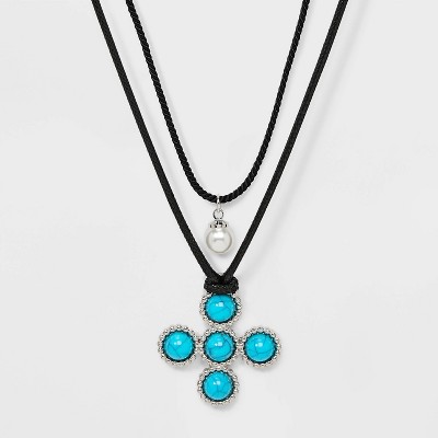 Corded Cross and Pearl Pendant Necklace Set 2pc - Wild Fable™ Black/Turquoise