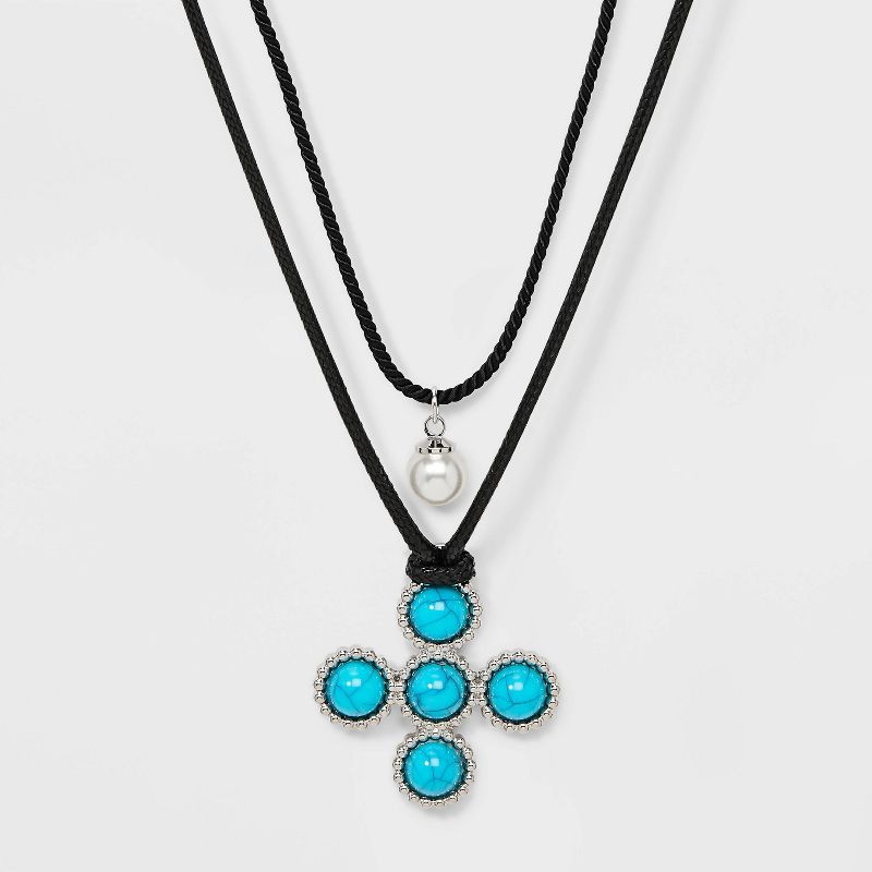 Corded Cross and Pearl Pendant Necklace Set 2pc - Wild Fable&#8482; Black/Turquoise, 1 of 6
