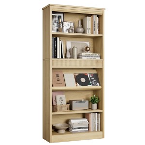 71" Farmhouse Bookcase w/ Double Fluted Design, 5 Tier Tall Bookshelf with Wooden Base, Rustic Vintage Wooden Bookshelf for Office Library - 1 of 4