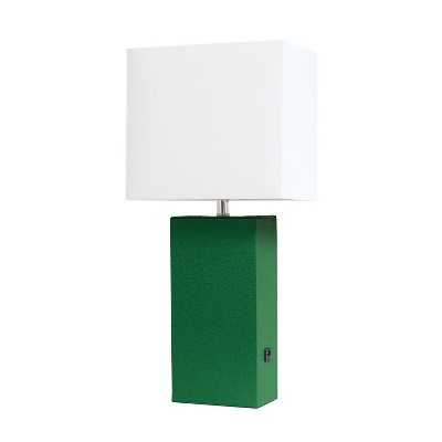 Modern Leather Table Lamp with USB and Fabric Shade Green - Elegant Designs