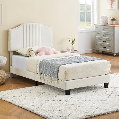 DobleePy Twin Plus Size Beige Kids Bed, Sturdy Velvet Headboard, Oak Wood Slats, Squeak Resistant, No Box Spring Needed, Easy Assembly