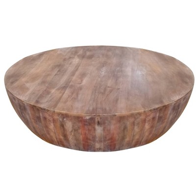 Rustic Drum-Shape Handcarved Mango Wood Coffee Table, Raw Brown