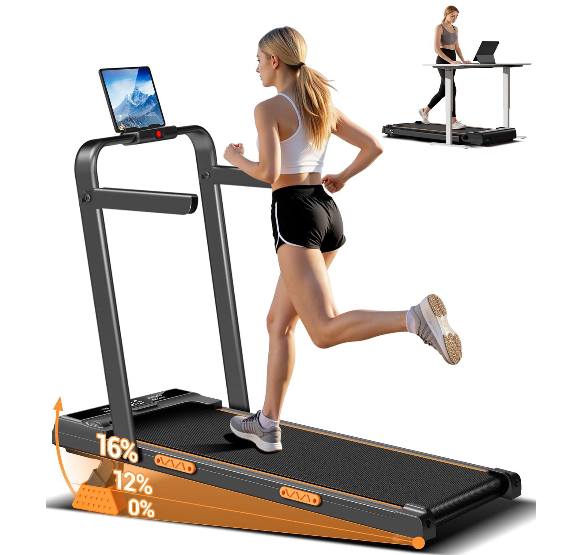 3 in 1 Walking Pad Treadmill with 16% Incline, Folding Treadmill with Handle Bar, Portable Treadmills for Home Small, 330 Lbs Capacity