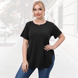 Womens Plus Size Summer Side Slit T-Shirts Round Neck  Basic Tops Plus Size Short Sleeve Casual Tops Comfy Loose Fit Athletic T Shirt - 1 of 4