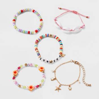 Flmtop 5Pcs/Set Handmade Flower Necklace Bracelet Ring Ear Studs Kids Girls Jewelry Set, Kids Unisex, Size: 1 PC, Pink