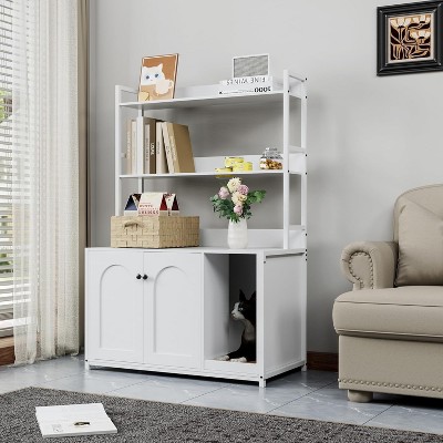 Litter Box Enclosure with 2 Storage Shelves Wooden Hidden Cat Litter Box Enclosure Furniture with 2 Door
