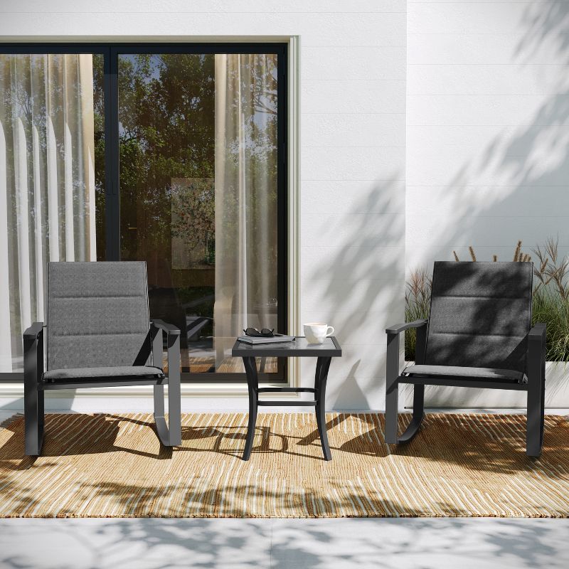 Flash Furniture Brazos 3 Piece Outdoor Rocking Chair Bistro Set with Flex Comfort Material and Metal Framed Glass Top Table, 2 of 13
