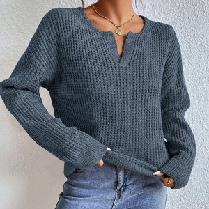 Womens V Neck Sweater Long Sleeve Casual Pullover Knit Top Dark Blue L - 1 of 3
