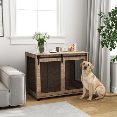 Large Brown Wood and Mesh Dog Crate Table