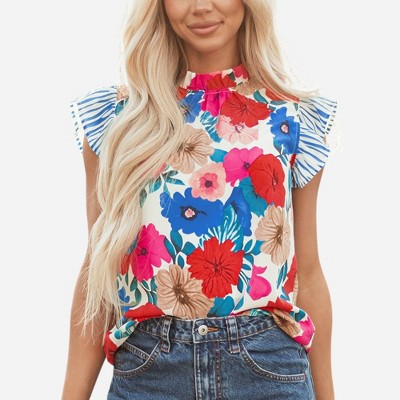 Amaryllis Women’s Ruffle Neck Striped Flutter Sleeve Floral Print Blouse Relaxed Fit Lightweight