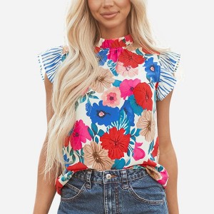 Amaryllis Women’s Ruffle Neck Striped Flutter Sleeve Floral Print Blouse Relaxed Fit Lightweight - 1 of 4