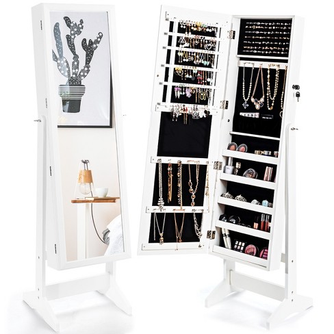 Full Length Mirror Jewelry Cabinet Jewelry Makeup Organizer with Drawer  &Wheels