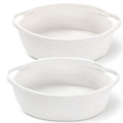 Attop 2 Pack Small Woven Basket with Gift Bags and Ribbons, Cotton Rope Room Shelf Storage Basket with Handles, White