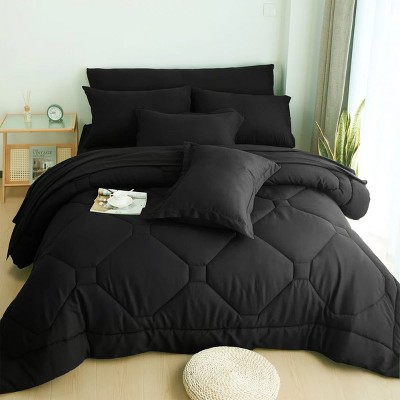 Evo Bytes 8 PCS Modern Comforter Bedding Set with Sheets All-Season Bed in a Bag-Black