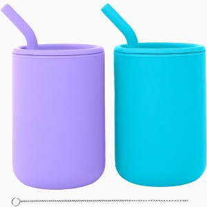 WeeSprout Silicone Baby Cups With Straws and Lids, 4 & 8 oz Options, Set of 2, Food Grade Toddler Training Container, Built In Straw Stoppers - 1 of 4