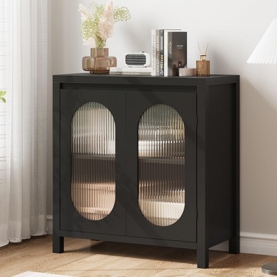 Black Storage Cabinet, Modern Sideboard Buffet Cabinet with Glass Doors and Shelves, Small Console Cabinet with Storage