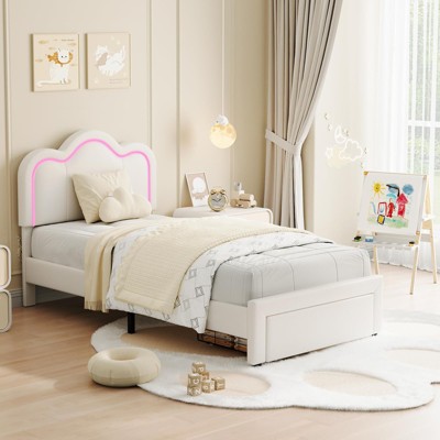 Twin Upholstered Bed Frame with Adjustable Headboard & Smart LED
