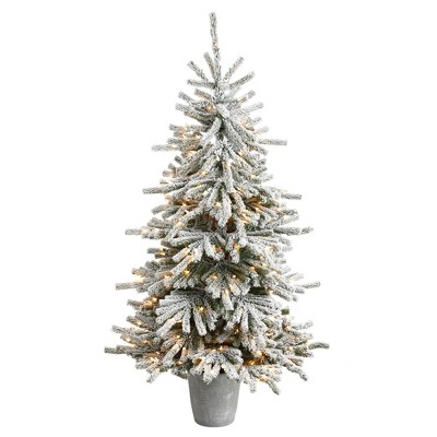 Nearly Natural 6-ft Flocked Long Vermont Pine Tree with 758 Branches and 250 LED Lights in Decorative Planter