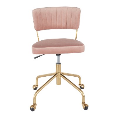 Contemporary Pink Velvet Swivel Task Chair with Gold Metal Base