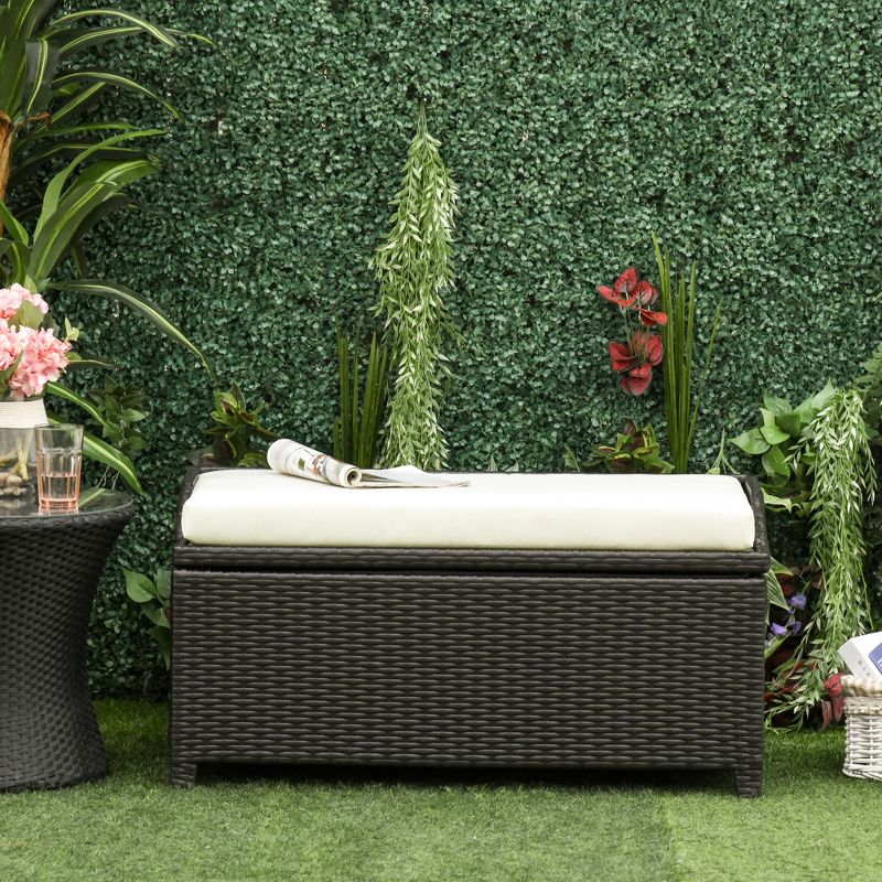 Outsunny Storage Bench Rattan Wicker Garden Deck Box Bin with Interior Waterproof Cloth Bag and Comfortable Cushion, 3 of 9