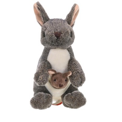Gray and White Plush Kangaroo with Joey, 8 Inches
