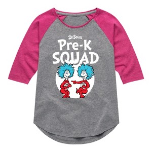 Girls' - Dr. Seuss - Pre-K Squad  Thing 1 and Thing 2 Shirt Tail Raglan Graphic T-shirt - 1 of 4