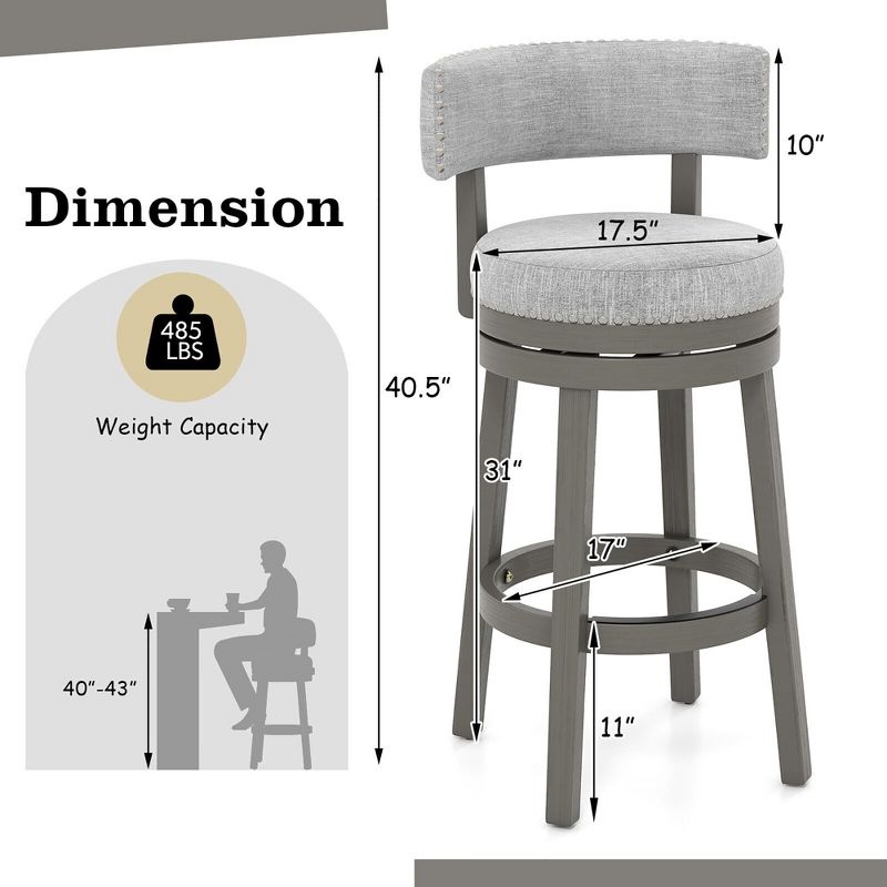 Tangkula Set of 2 Upholstered Swivel Bar Stools Wooden Bar Height Kitchen Chairs Gray, 2 of 9
