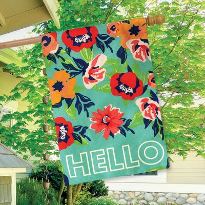 Hello Floral Spring Burlap House Flag with Colorful Flowers