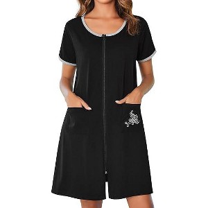 Ekouaer Zip Up Robes for Women Short Sleeves Zipper House Coat Short Bathrobes Lightweight Nightgown with Pockets Black S - 1 of 2