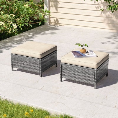 Sonkuki 2-Piece Ottomans with Solution-Dyed Fabric Cushion, All-Weather Wicker Ottomans, Ideal for Patio