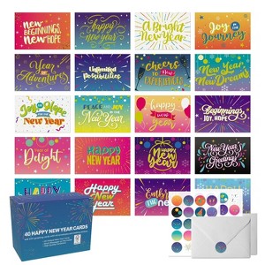 Dessie 40 Unique New Year Cards Boxed with Envelopes Stickers 4x6 Gold Foil Happy New Year Greeting Cards Assortment Box Bulk Variety Pack - 1 of 4