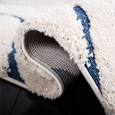 Cream and Blue Hand-Knotted Shag Runner Rug
