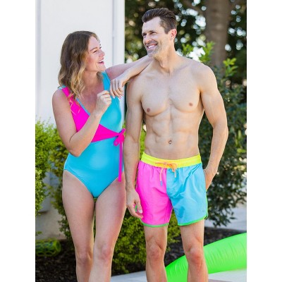 Мужские брюки RuggedButts Men's UPF50+ Dolphin Hem Swim Trunks - Neon Color Block, Men's M — фото 4