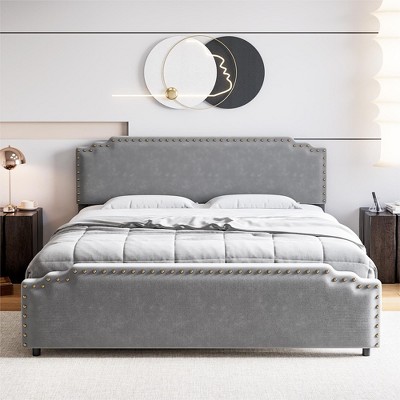 Velvet Upholstered Platform Bed Frame with Rivet Decor Headboard