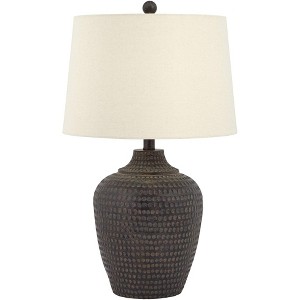 360 Lighting Alese 25 1/2" High Farmhouse Rustic Table Lamp Earthen Brown Wood Finish Hammered Base Single Oatmeal Shade Living Room Bedroom Bedside - 1 of 4