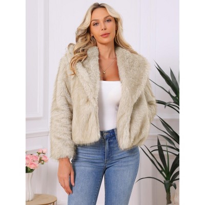 Женские куртки INSPIRE CHIC Women's Long Sleeve Lapel Open Front Fluffy Shaggy Faux Fur Winter Warm Furry Coat Small Beige — фото 2