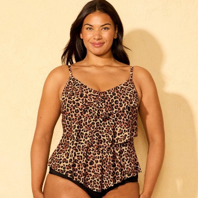 Shade & Shore Women's Leopard Print Tiered Ruffle Tankini Top - Shade & Shore™ Brown/Black XS — фото 4