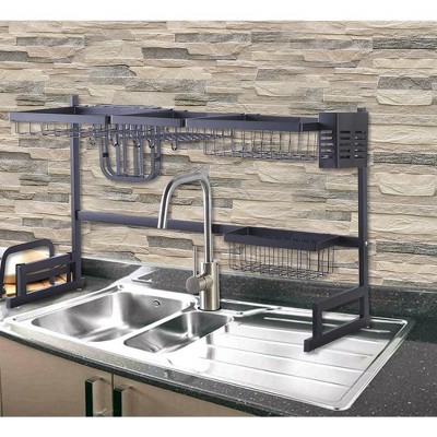 Black Powder-Coated Metal Over-the-Sink Dish Rack with Utensil Cup