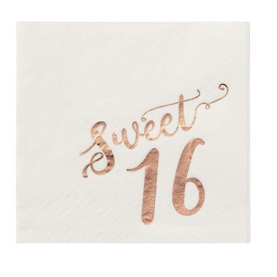 Blue Panda 50 Pack Rose Gold Foil Sweet 16 16th Birthday Disposable Paper Napkins 5.5" Party Supplies