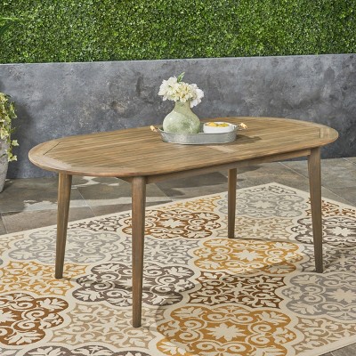 Outdoor Patio Acacia Wood Dining Table,Slatted Tabletop Design Oval Dining Table With Tapered Legs For Patio Kitchen Backyard-Coolbibila